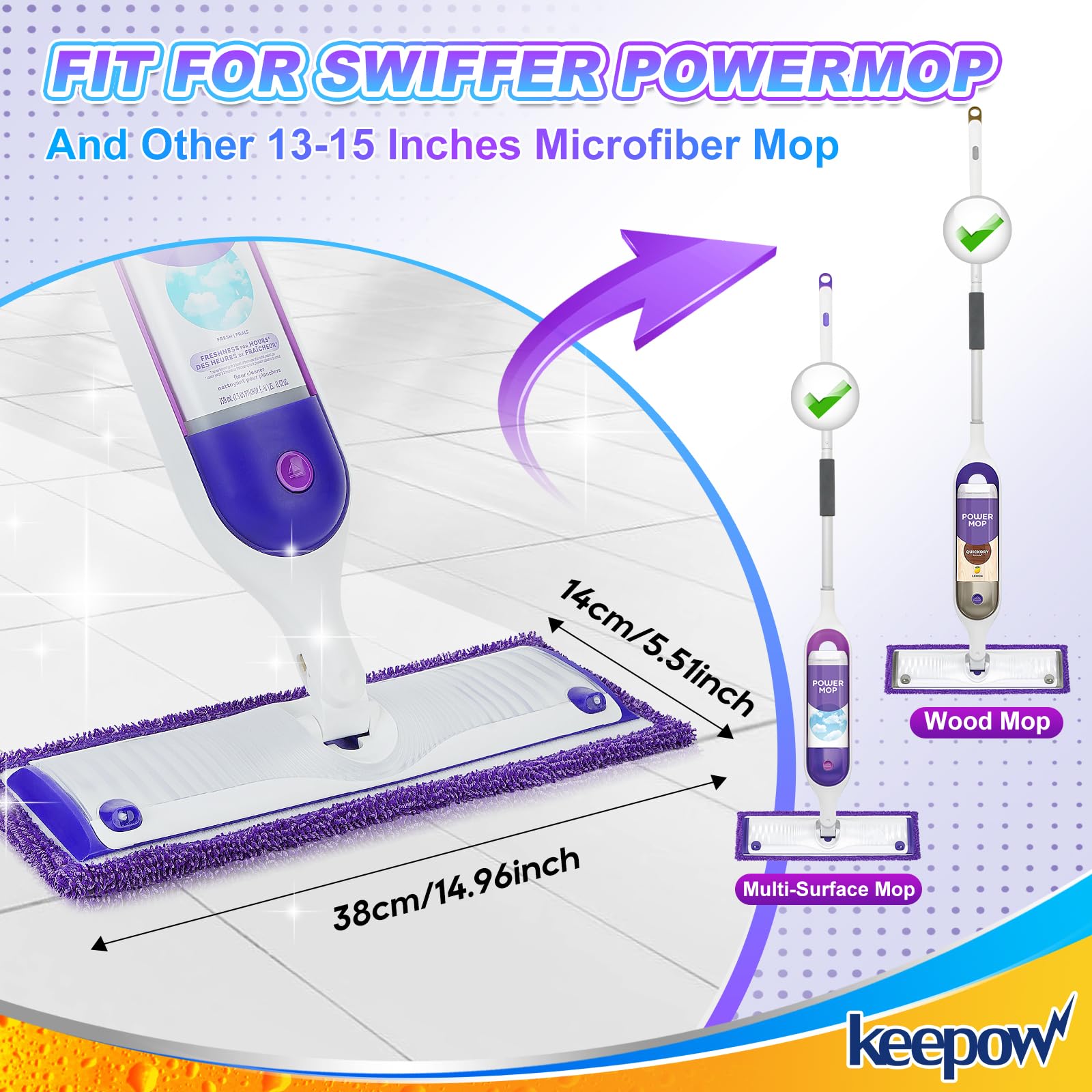 KEEPOW Reusable Pads for Swiffer Power Mop, Refill Pads for Swiffer Power Mop Wood Floor Cleaning, Microfiber Mop Pads for Hardwood Floors (2 Pack)