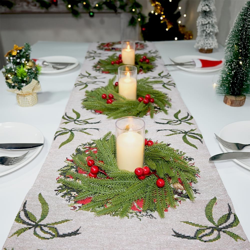 Norfolk Pine Candle Rings - 3Pcs Artificial Wreaths with Red Berry Accents | Festive Table Centerpieces