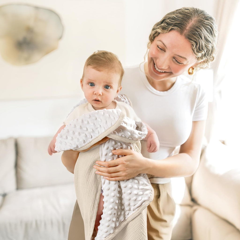 lulumoon Baby Blankets for Newborn Muslin: Thermal Minky Dotted Backing - Cotton Receiving Blanket for Baby Essential & Registry Gift 30"x40"(Ivory)