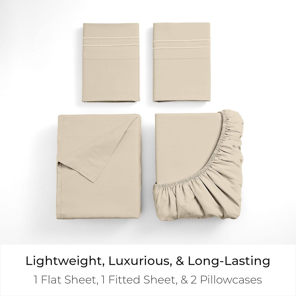 Mellanni Full Sheets Set - 4 PC Hotel Luxury Bedding | Extra Soft, Cooling & Stain Resistant (Beige)