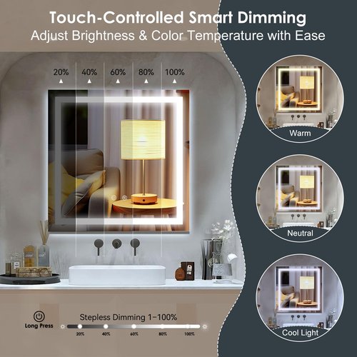 LED Lighted Bathroom Mirror with Anti-Fog, Square Wall Mounted Vanity Mirror with Smart Touch Button, Memory Function, Adjustable Warm White/Natural/Daylight Lights(24x24 inches)