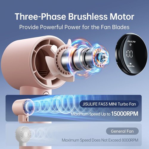JISULIFE Portable Handheld Fan - Adjustable Speed Turbo Mini with 3600mAh Battery | Pink Travel Essential