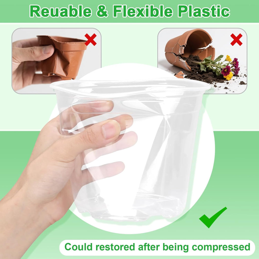 Skiennix Large Clear Nursery Pots - 10/8/6/5 Inch with Drainage Holes | 16 Pack Plastic Plant Pots for Succulents and Flowers