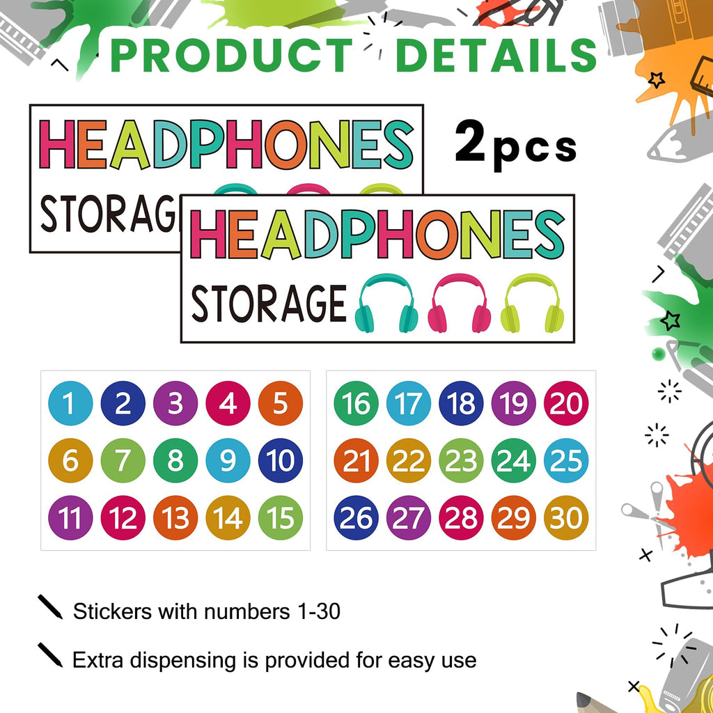 Vincreem 2 Pcs Over The Door Hanging Classroom Headphone Storage Organizer 30 PVC Clear Organizer Holder Pockets with 2 Pcs Headphone Storage Cards with Digital Stickers for Library Door Hanger