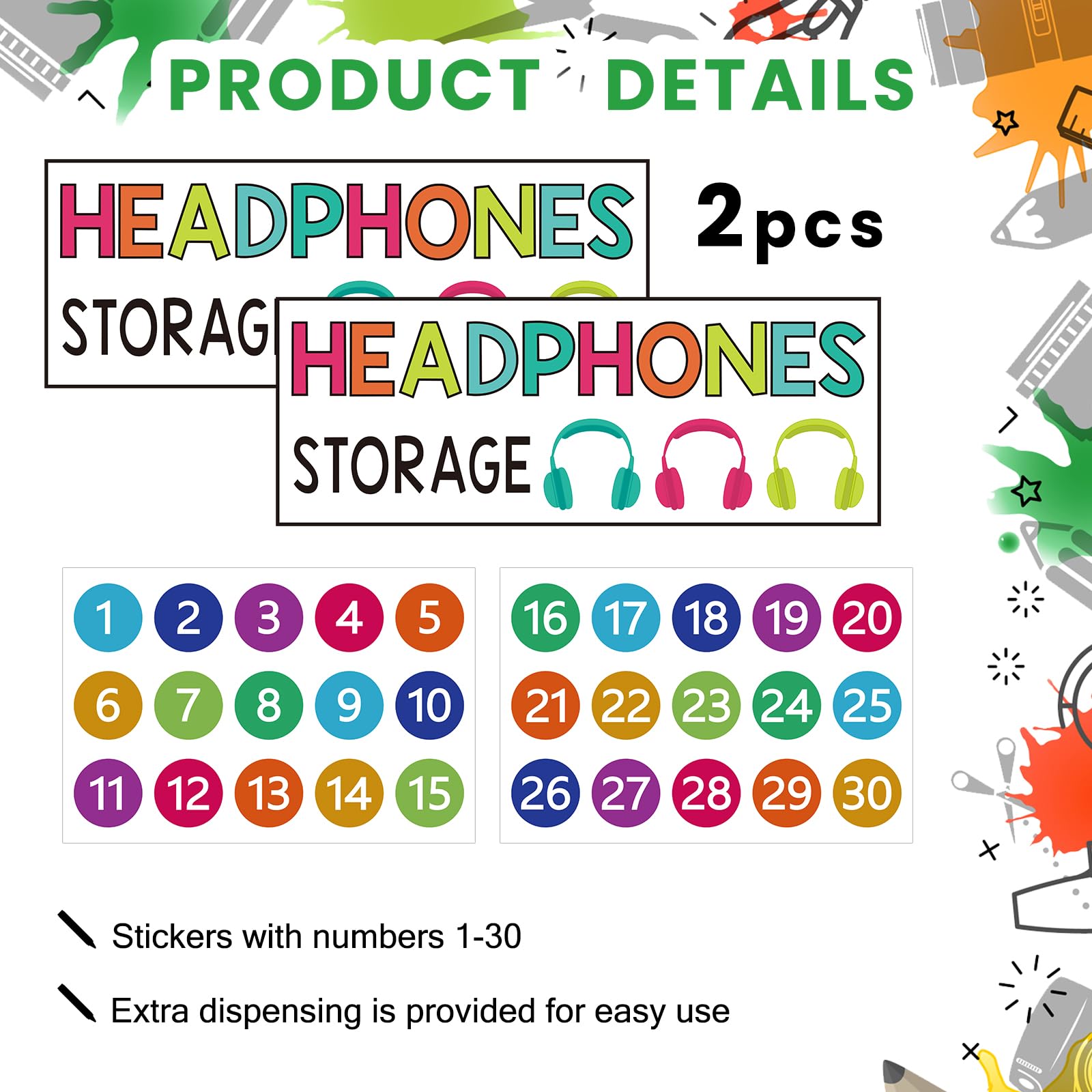 Vincreem 2 Pcs Over The Door Hanging Classroom Headphone Storage Organizer 30 PVC Clear Organizer Holder Pockets with 2 Pcs Headphone Storage Cards with Digital Stickers for Library Door Hanger