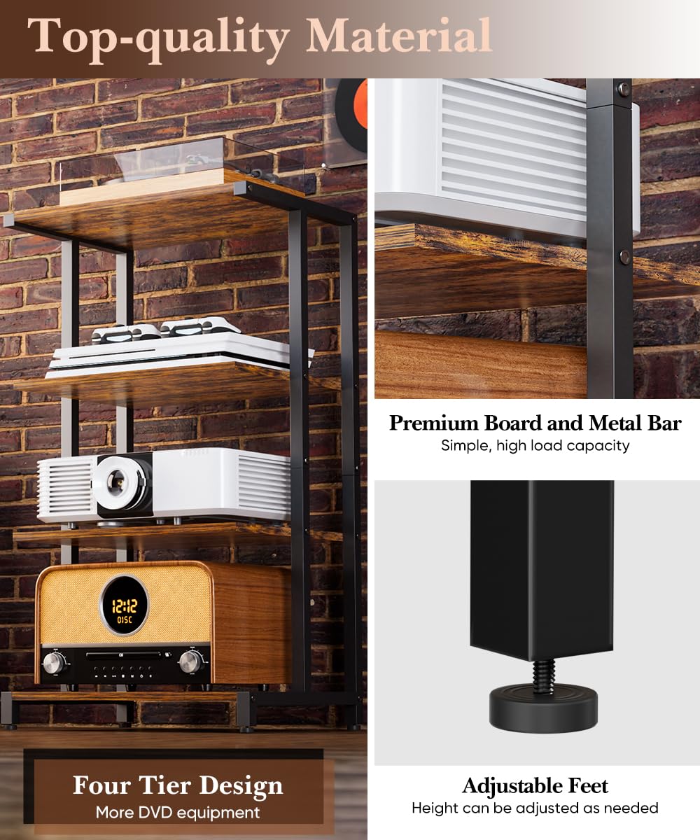 Ardier 4-Tier Media Storage Stand, Audio Media Rack for Living Room, Gaming Room, Music Studio, Wooden Game Console Shelf for TV Accessories/Audiovisual Equipment/Optical Disc/PS4, Black