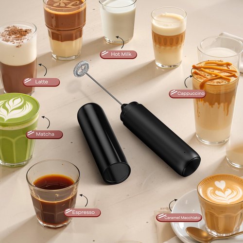 Rechargeable Milk Frother, Handheld Coffee Frother Wand Drink Mixer with Cover, Electric Whisk Coffee Mixer for Matcha Lattes Cappuccino Hot Chocolate