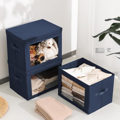 Homsorout Stackable Storage Bins - Large Fabric Closet Organizer Baskets with Lids | 5-Pack, Navy Blue