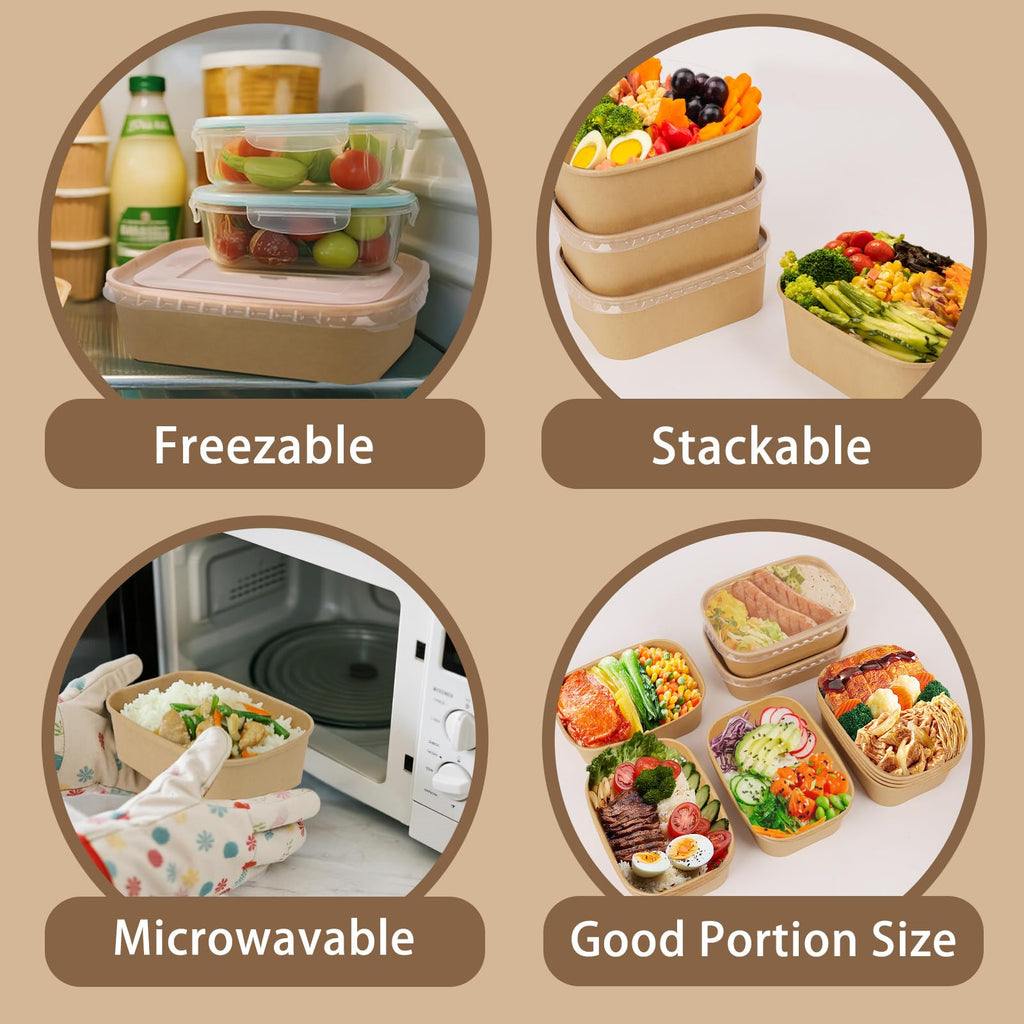 DeziWood 50 Pack 25 oz Paper Food Containers with Lids, Meal Prep Containers Disposable Large Paper Bowls, Microwavable and Freezer Storage Use Cardboard Food Containers