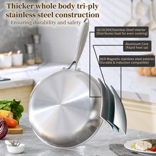 DELARLO Kitchen Whole Body Tri-Ply Stainless Steel Frying Pan, 12 inch,Stainless Steel, Oven safe induction skillet, Pots and Pans set,Suitable for All Stove