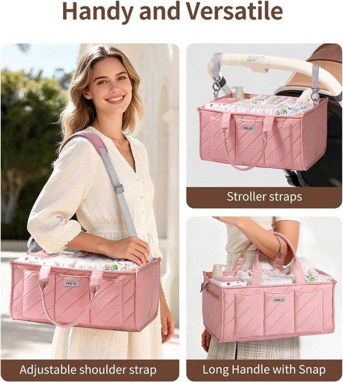 Diaper Caddy Organizer by Extra Large - Water-Resistant Nursery Storage Basket with Zipper Pocket & Shoulder Strap | Perfect for Twins, Blush Pink