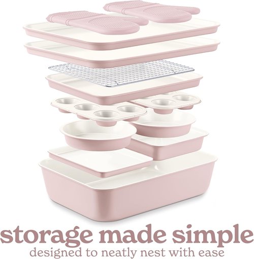 Country Kitchen Nonstick Bakeware Set - Deluxe 13-Piece Heavy Duty Baking Set in Pink with Easy Release Handles