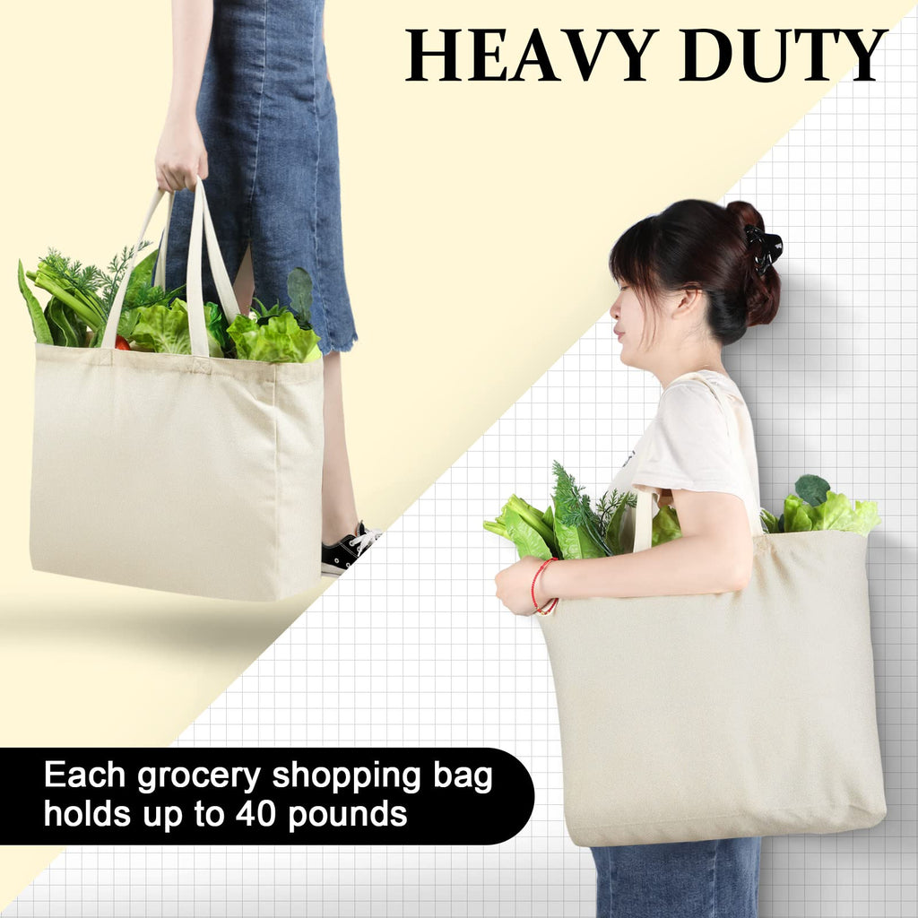Reginary 12 Pack Canvas Grocery Bag Large Blank Shopping Tote Bags Reusable Pouches Bulk with Handle, 14 x 14 x 7.9'' (White)