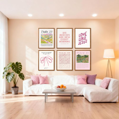 Christian Canvas Wall Art by Pink - Set of 6 Bible Verse Prints | Trendy Religious Decor for Girls' Room