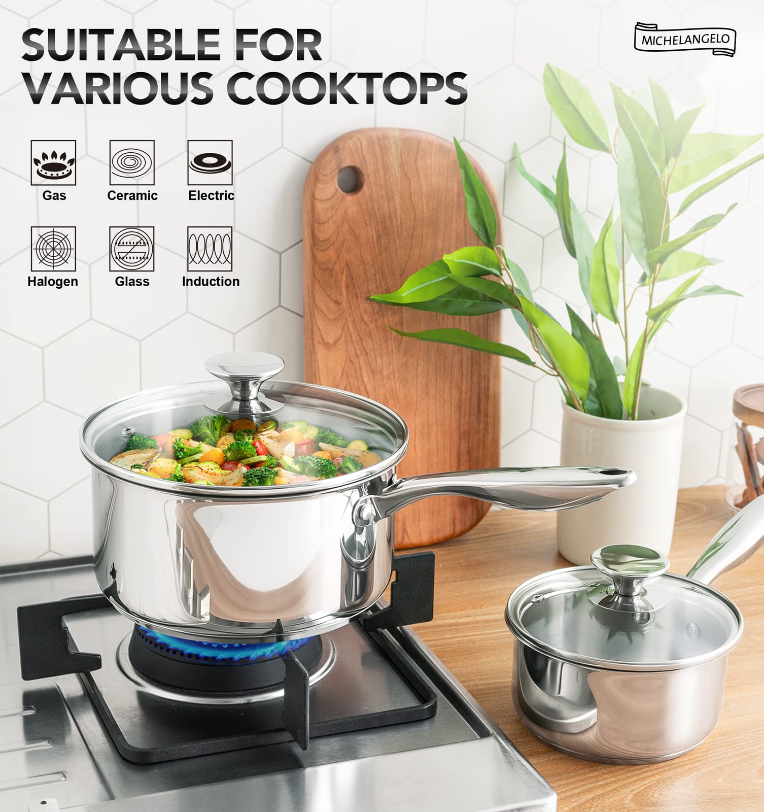 MICHELANGELO 4 Quart Saucepan with Lid, Thick Bottom Stainless Steel Saucepan with Cover, 4 QT Sauce Pot, Induction Ready & Dishwasher Safe