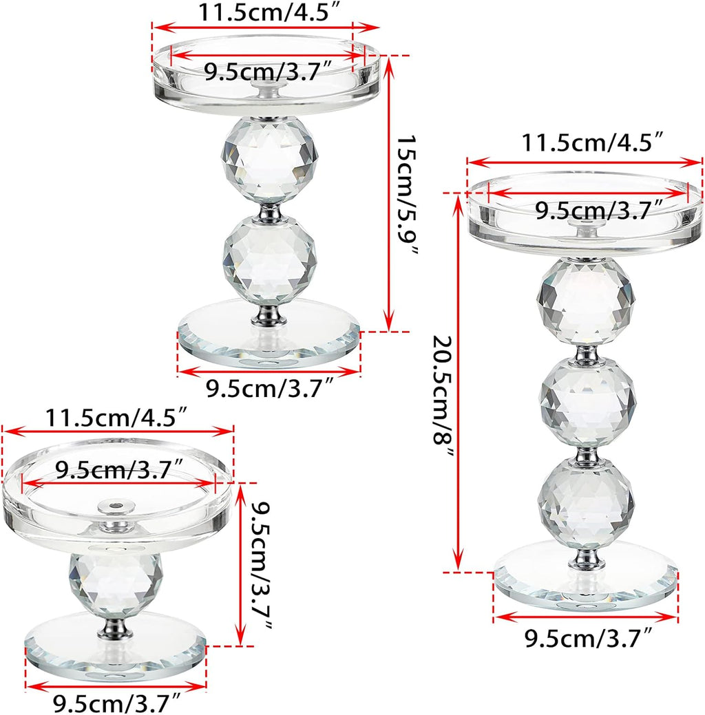 OwnMy Crystal Glass Pillar Candlestick Holders - Set of 3 Modern Tealight Votive Stands for Weddings & Home Decor