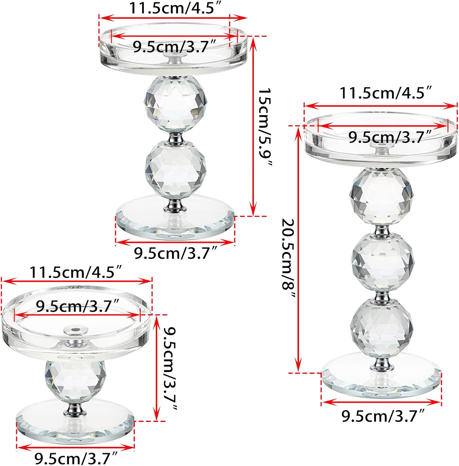 OwnMy Crystal Glass Pillar Candlestick Holders - Set of 3 Modern Tealight Votive Stands for Weddings & Home Decor
