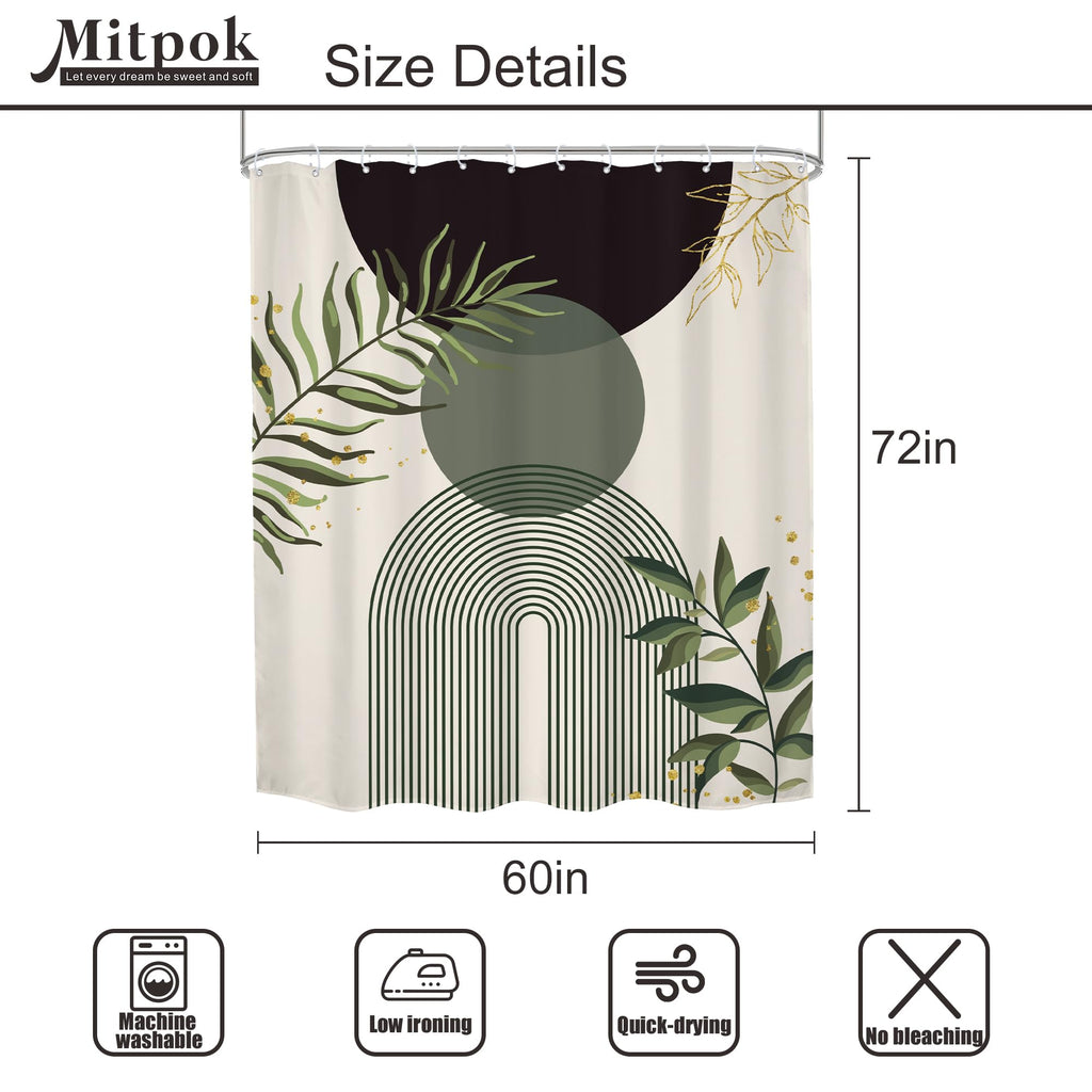 Mitpok Dark Green Boho Shower Curtain 60Wx72H Teal Green Modern Bohemian Mid Century Abstract Gold Leaves Plant Bathroom Decor Minimalist Geometric Neutral Bath Curtain Fabric Polyester 12 Pack Hooks