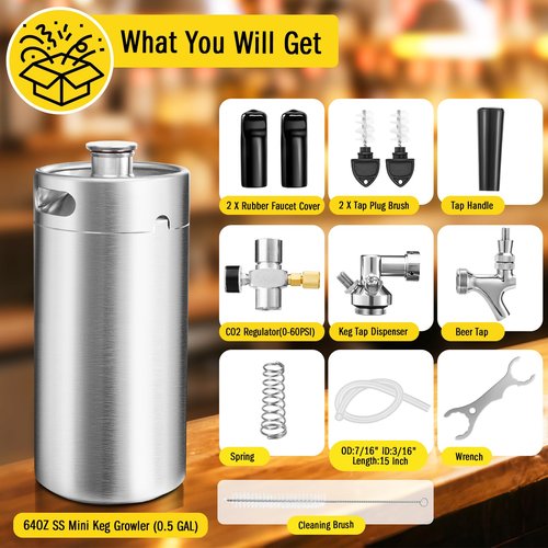 Hgkeke128OZ Mini Keg Growler,Stainless Steel Beer Keg Tap System Portable Draft Beer Dispenser to Keep Fresh and 55PSI CO2 Pressure Growler Carbonation, Beer Tap System for Homebrew, Camping(Silvery)