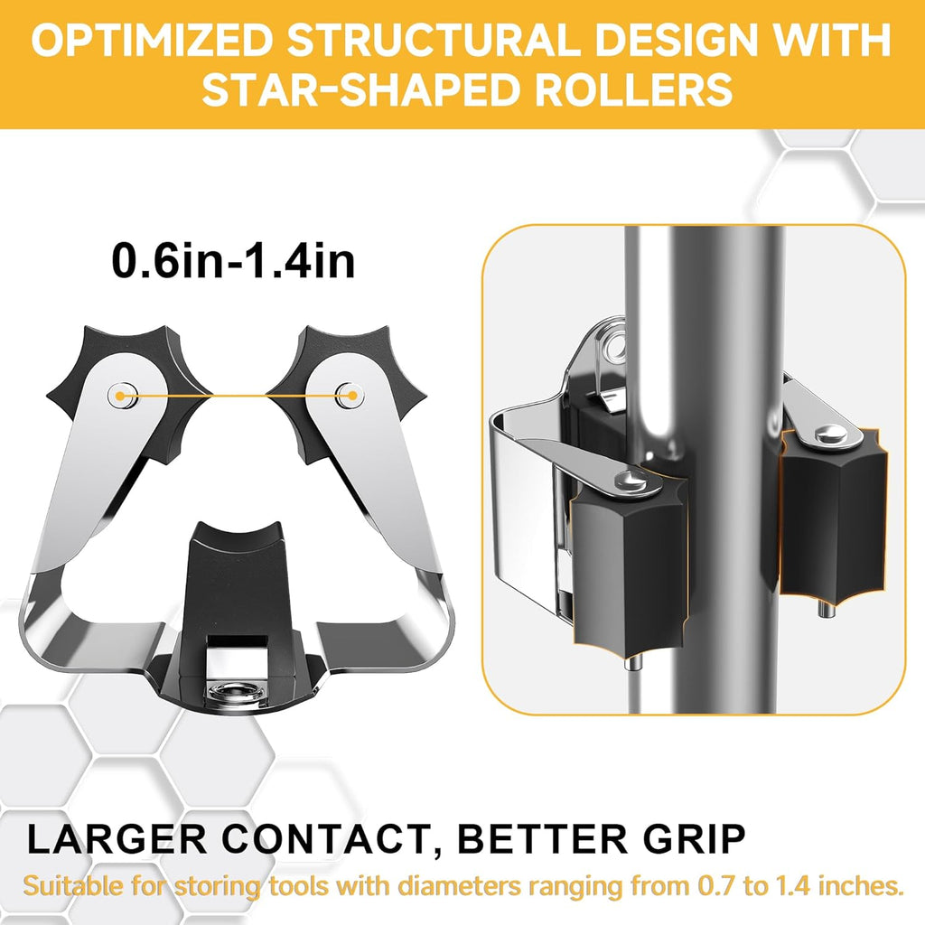Metal Mop Clips by Broom Holder - 12 Pack Wall-Mounted Grippers with Star-Shaped Rollers for Garden Tool Storage
