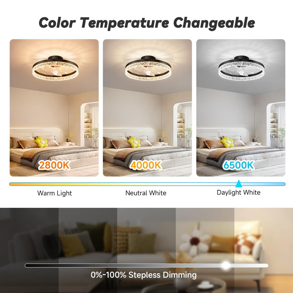 FOLKSMATE Ceiling Fan with Light and Remote, Low Profile Flush Mount Crystal Fandelier, Modern 6 Speeds Quiet Reversible, 2800-6500K Dimmable LED, Timer Fan Light for Bedroom Living Room Kitchen
