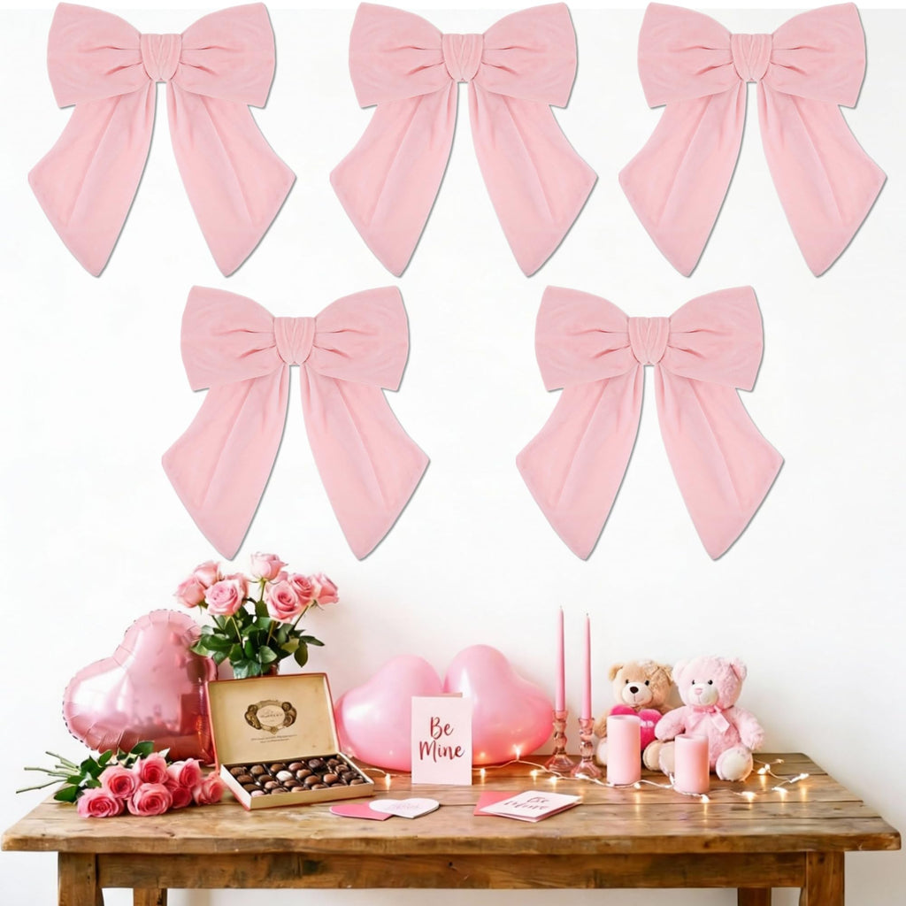 Riceshoot 5 Pcs Valentine's Day Velvet Bows 11'' x 16'' Large Velvet Ribbon Bow for Wreaths Pre-Tied Bowtie for Valentines Gift Wrapping Romantic Festive Party Decoration(Light Pink)