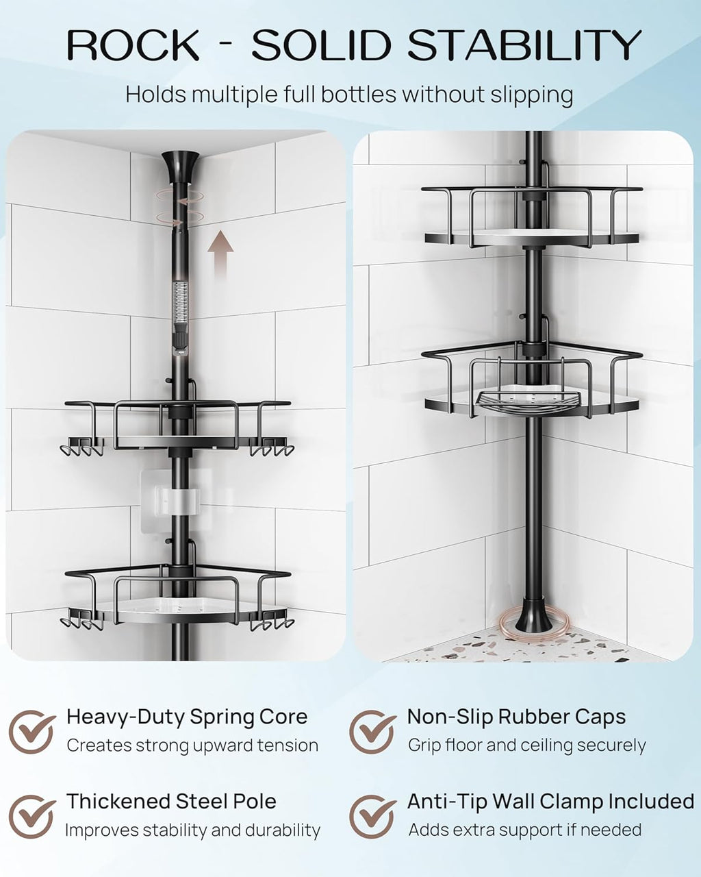 ALLZONE Corner Shower Caddy - Rustproof Stainless Steel Tension Pole with 4 Baskets & Extra Hooks | Fits 34–116 Inch, Black/White