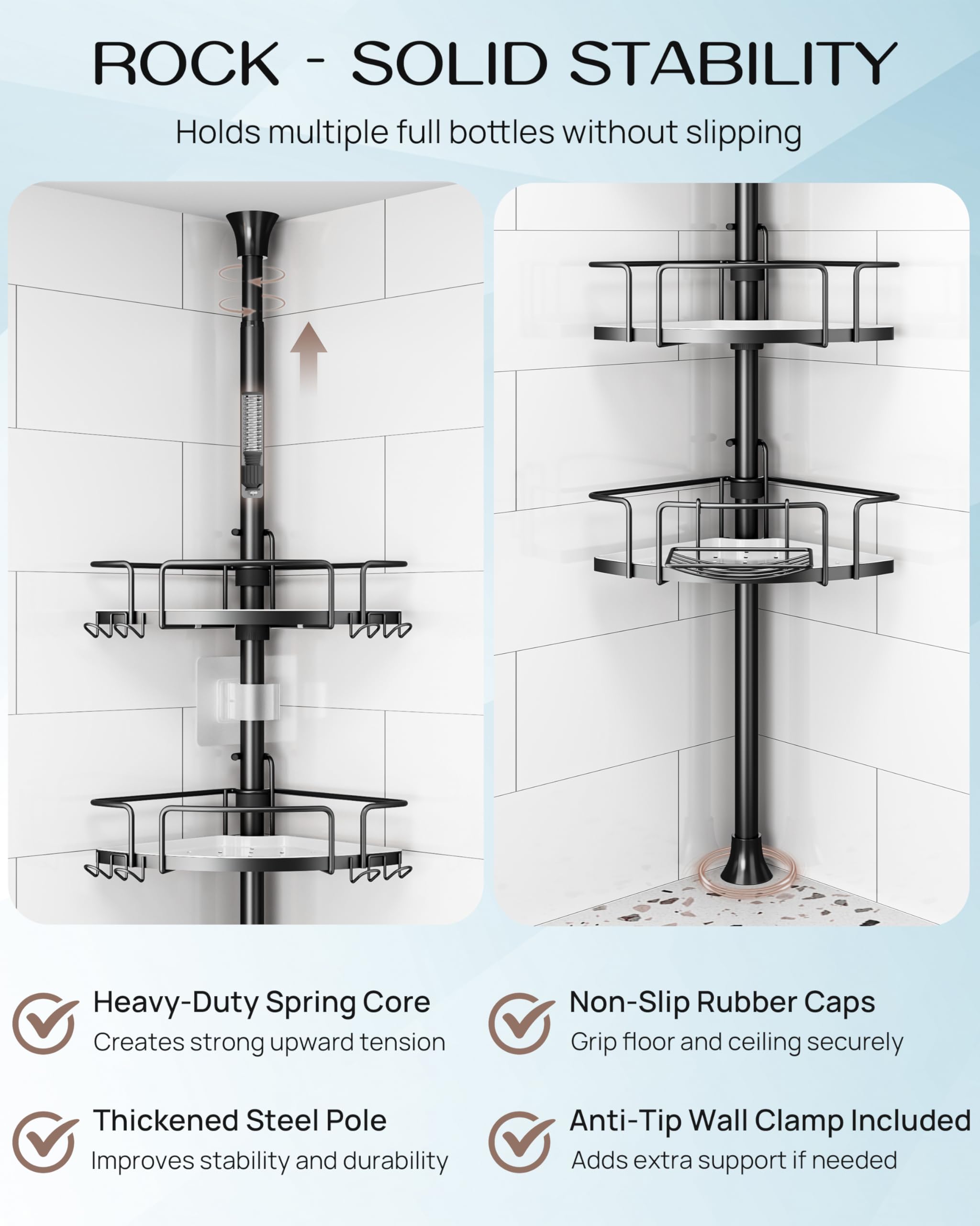 ALLZONE Corner Shower Caddy Tension Pole, 4 Hang-On Basket with Mixed-Height Shelves for Various Bottle Sizes, Extra Hooks & Soap Holder, Rustproof Stainless Steel, Fits 34–116 Inch, Silver