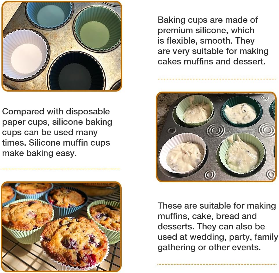 Skiennix Extra Large Silicone Muffin Cups - 12 Pcs Reusable Baking Liners, 3.54 Inch, Easy to Clean | Green & White