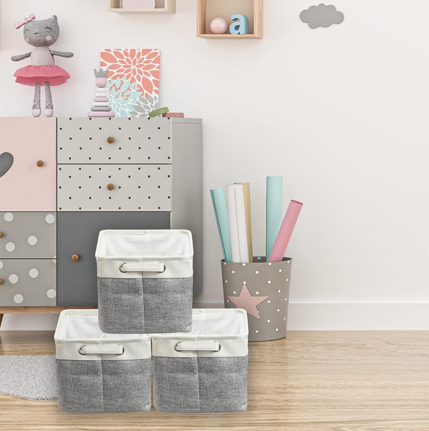 Simple Houseware Large Fabric Storage Bin - Foldable Organizer with Handles | 14.4" x 10", Gray, 3-Pack