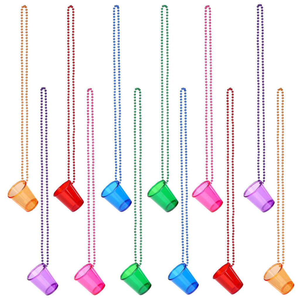 SWANUCKY 12 Pack Shot Glass on Beaded Necklace,Plastic Shot Glasses,Perfect for Bachelorette, Birthday, Wedding Parties & Holidays(6 Colors)