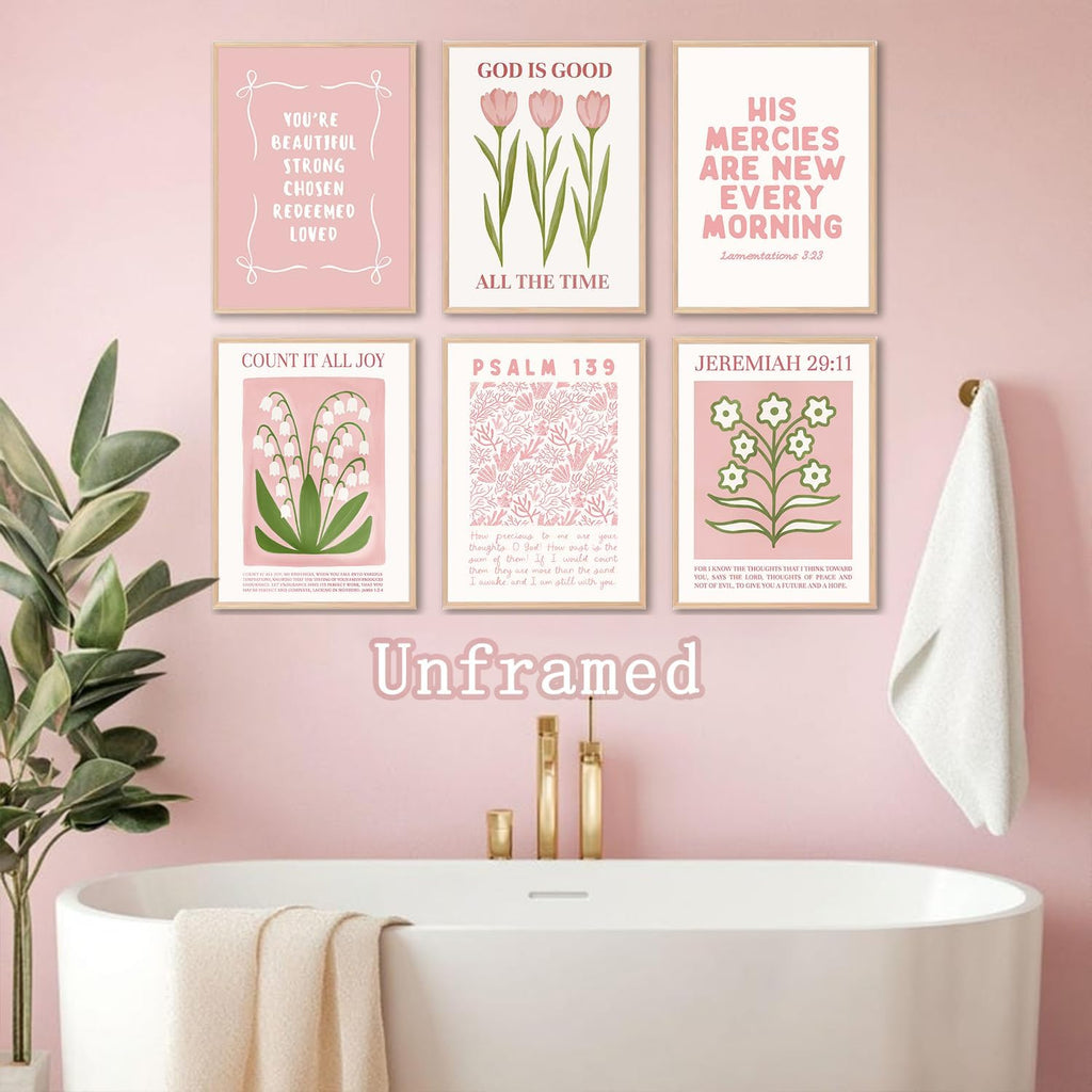 Skiennix 6Pcs Pink Bible Verse Wall Art - Floral Scripture Quotes for Bedroom & Living Room | 8x10 Inch Unframed