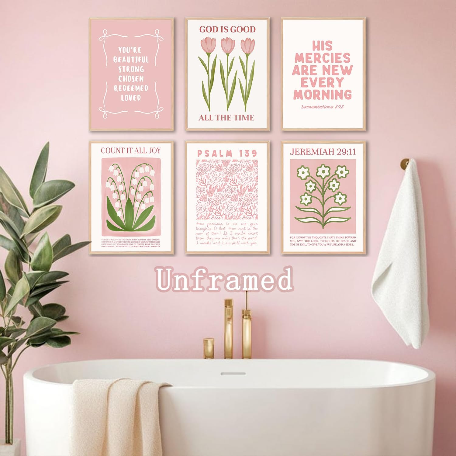 Skiennix 6Pcs Pink Bible Verse Wall Art - Floral Scripture Quotes for Bedroom & Living Room | 8x10 Inch Unframed