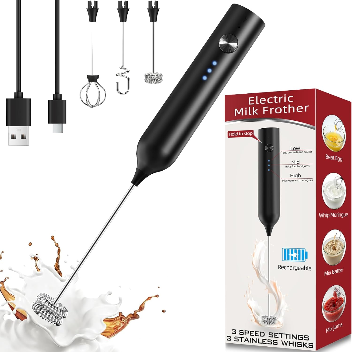 Skiennix Milk Frother - Rechargeable Handheld Drink Mixer with 3 Speed Settings & Stainless Whisks | Black