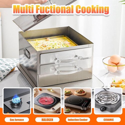 2-Layer Rice Roll Steamer, Stainless Steel Rice Noodle Roll Steamer with Acrylic Handle Steam Tray, Top Open Rice Noodle Roll Machine, for Chinese Cheung Fun Changfen Cuisine Recipes Cookware