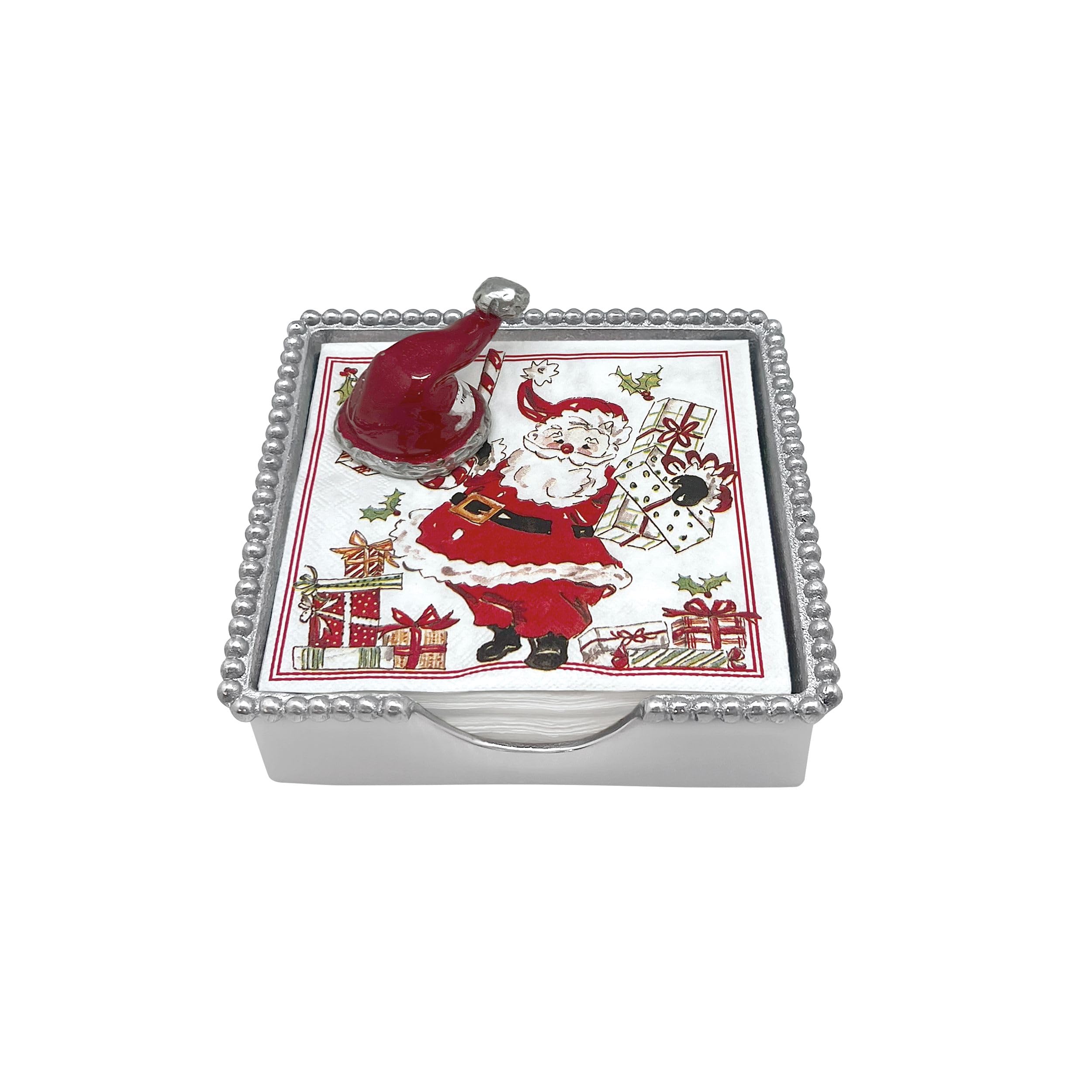 Mariposa RED Santa HAT Beaded Napkin Box Set | RED | Brillante | Gifts | Napkin Box & Weight Set | Recycled SANDCAST Aluminum | Handmade in Mexico