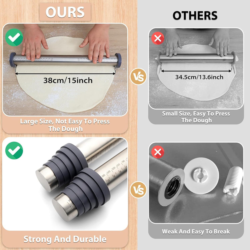 Skiennix Adjustable Rolling Pin - Non-Stick Stainless Steel Dough Roller with Thickness Rings | 15.8" Grey