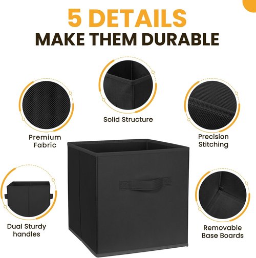 Large Storage Cubes | 13-Inch Organizing Bins for Kallax Shelves - 10 Pack Collapsible Black Boxes