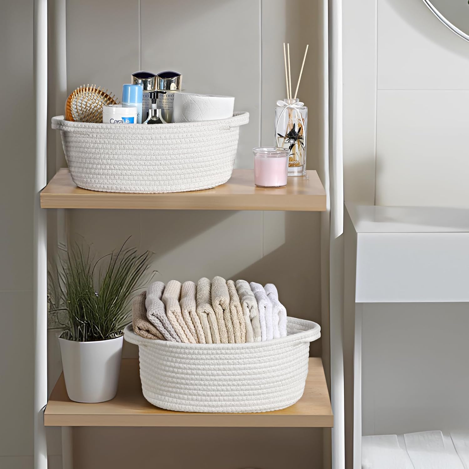 Skiennix 2-Pack Small Woven Baskets - Decorative Cotton Rope Storage Bins with Handles | 12"x8"x5", White