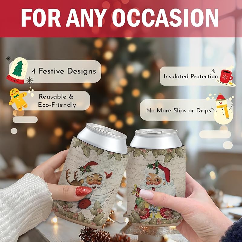 4 Pack Retro Christmas Cup Sleeves for Cold & Hot Drinks - Neoprene Can Insulators, Gift for Women (Variation: Christmas(8))