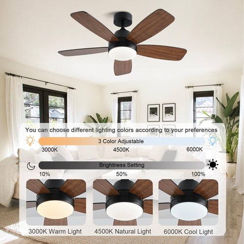 GJeg Ceiling Fans with Lights, 42 Inch Low Profile Ceiling Fan with Lights and Remote Control, LED Dimmable DC Reversible, 8 Speed, Noiseless, Modern Brown Ceiling Fan for Bedroom, Indoor/Outdoor Use