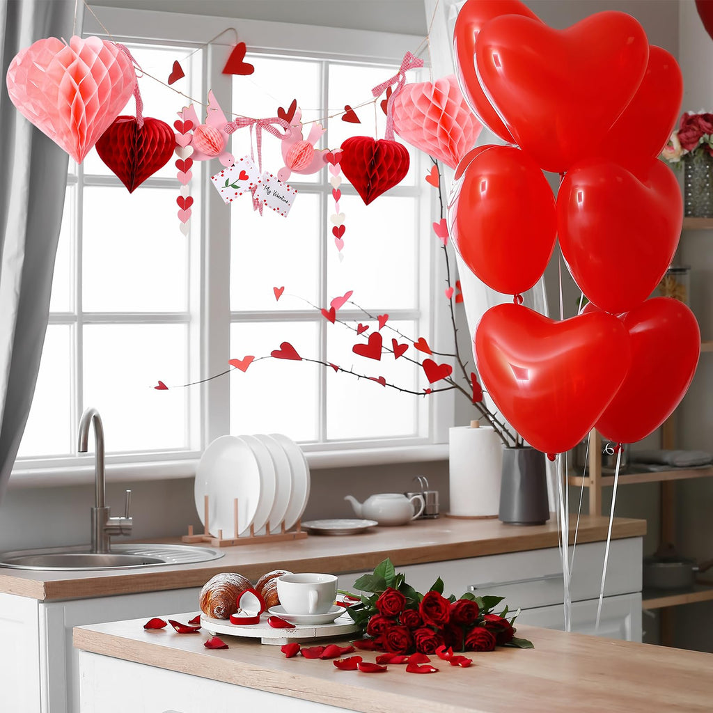 Harloon Valentines Day Garland Pink Heart Honeycomb Ball 3D Lovebird Garland Decor with Red Check Bow Romantic Pom Poms Hanging Banner for Galentines Party Wedding Engagement Birthday Home Wall Decor
