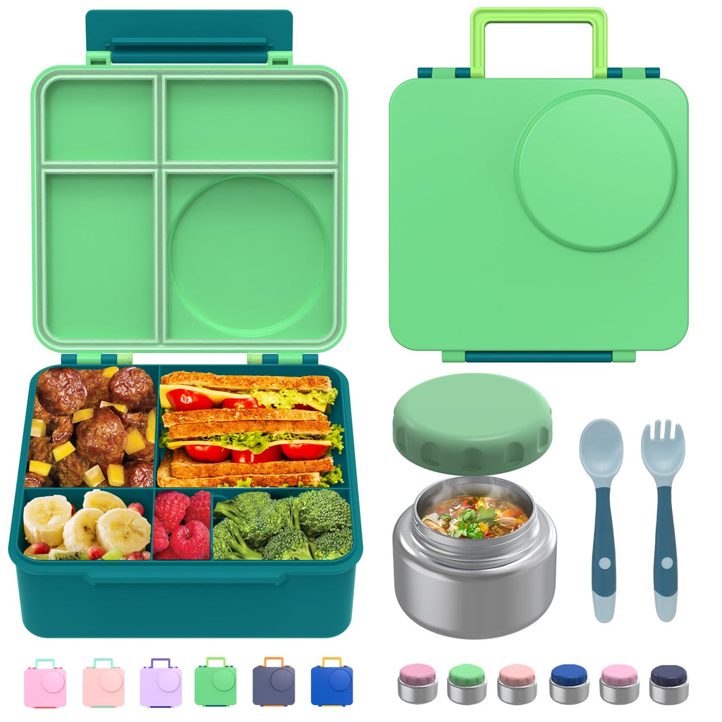 JoyYum Bento Box for Kids - Leak-Proof Bento Lunch Box with Insulated Thermos Food Jar - 4 Compartments, 1 Removable Divider, 1Spoon, 1 Fork - Dishwasher Safe, BPA-Free (Green)