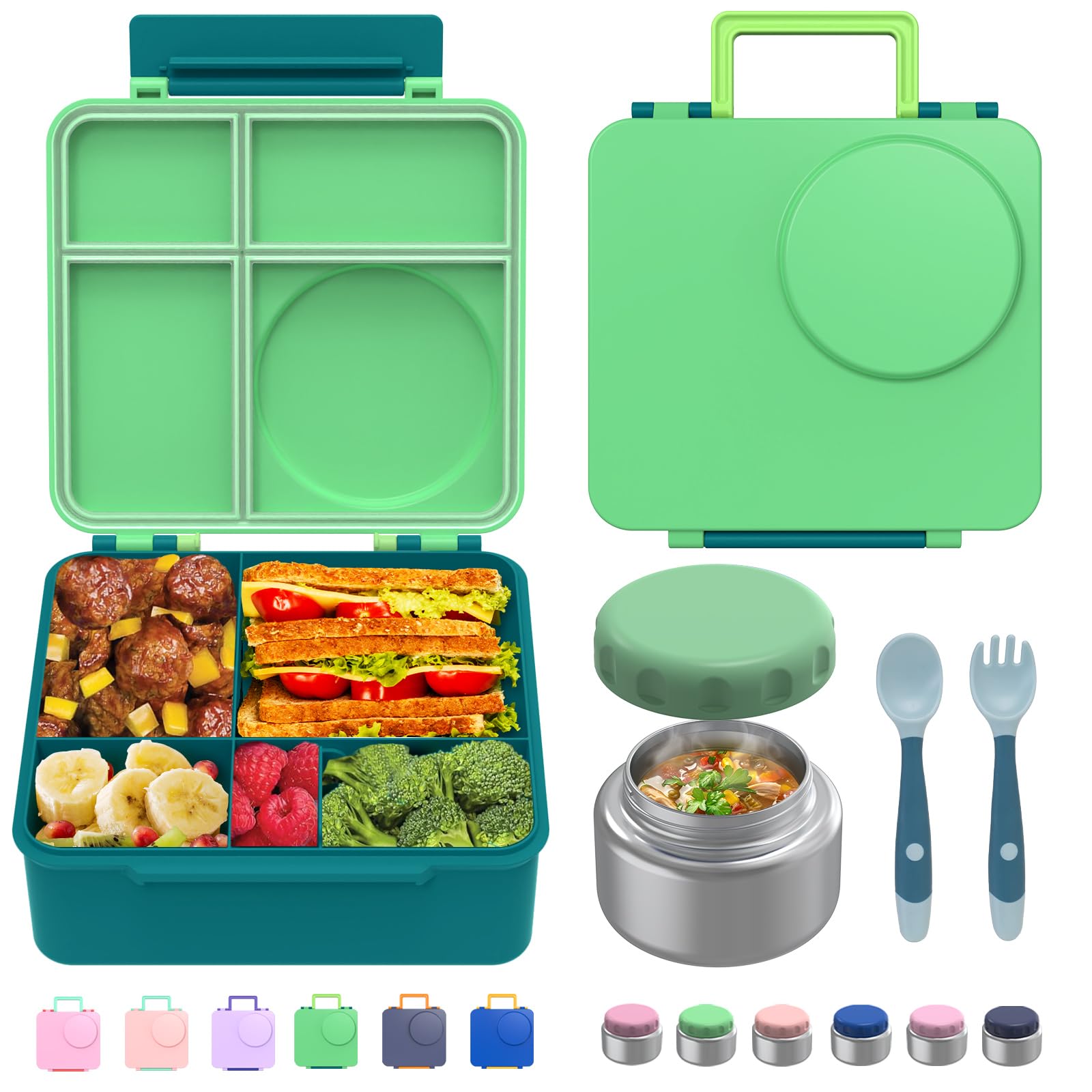 JoyYum Bento Box for Kids - Leak-Proof Bento Lunch Box with Insulated Thermos Food Jar - 4 Compartments, 1 Removable Divider, 1Spoon, 1 Fork - Dishwasher Safe, BPA-Free (Green)