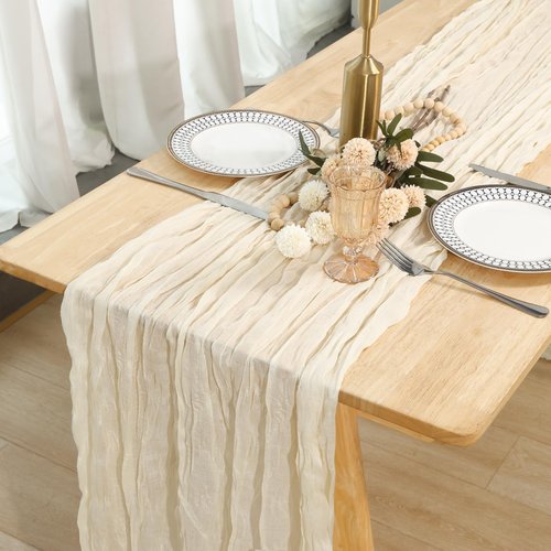 Fixwal 8 Pack Ivory Cream Cheesecloth Table Runners, 35x120 Inch Beige Pleated Boho Gauze Table Runner, Long Semi-Transparent Table Decorations for Parties, Showers, Birthdays and Weddings