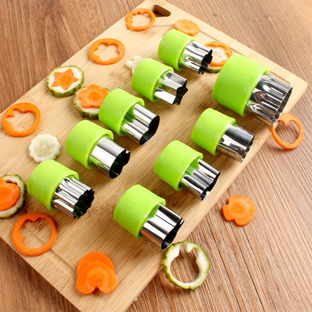 Skiennix Fruit And Vegetable Cutter Stamp Set - 9 Fun Shapes For Baking | Green Mini Pie Molds