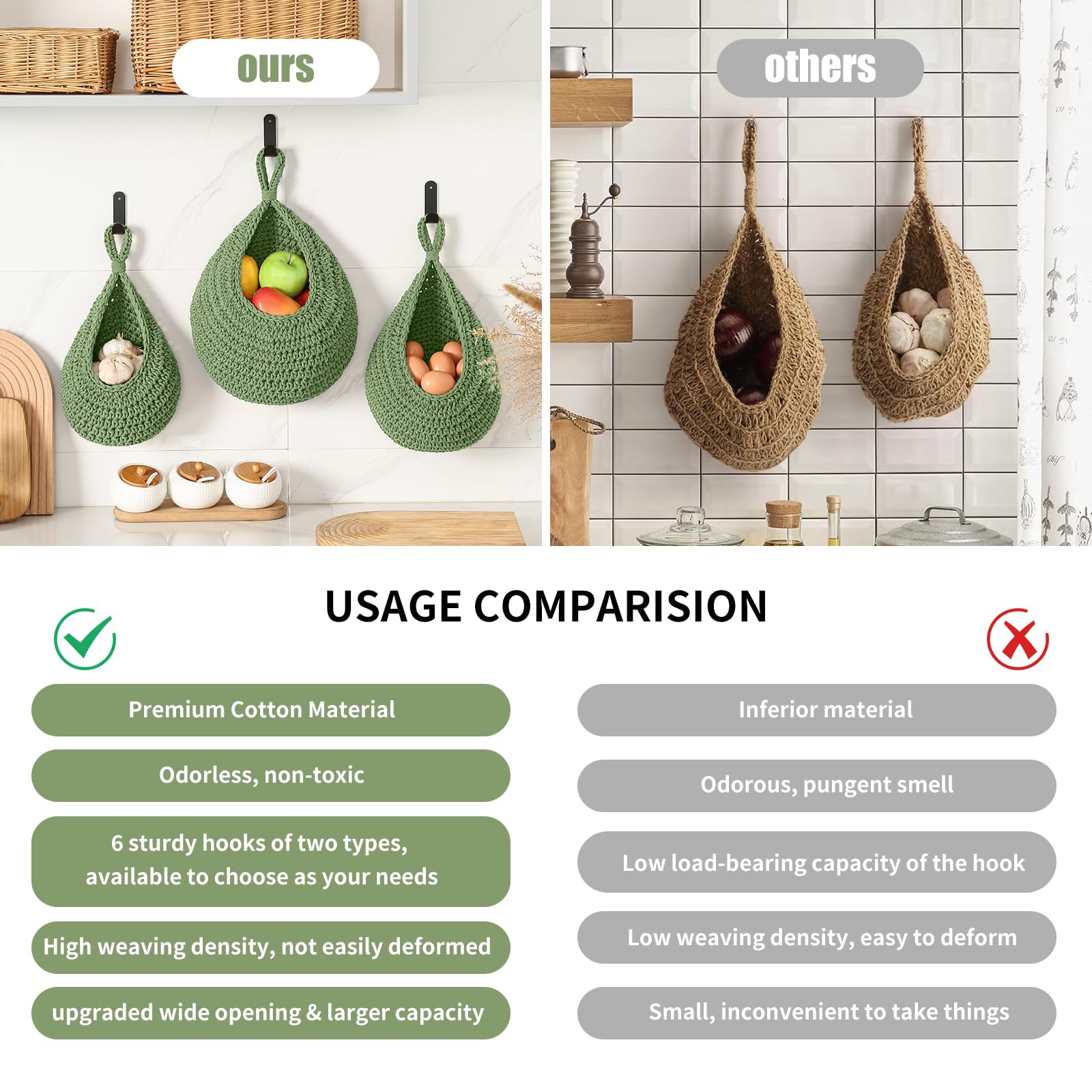 Boho Wall Hanging Fruit Baskets for Kitchen 3 Pack Woven Produce Holder with 6 Pcs Strong Hooks Vegetable Hanging Basket for Organizing Teardrop Home Wall Potato Onion Storage, Green