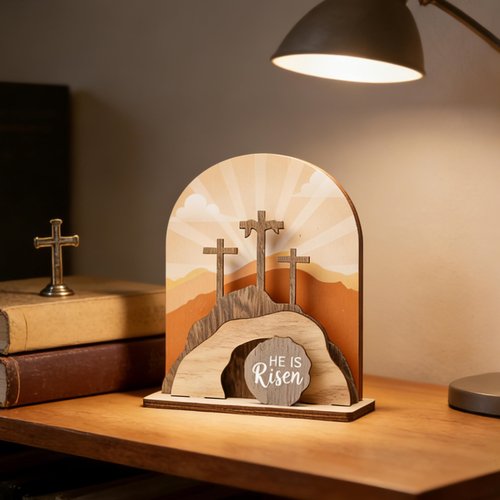 AOMOONOA Wooden Easter Empty Tomb Set, Empty Tomb Easter Scene for Christian Decoration, He is Risen Resurrection Scene for Religious Display, Home Office Tabletop Tray, Church, Shelf Decor