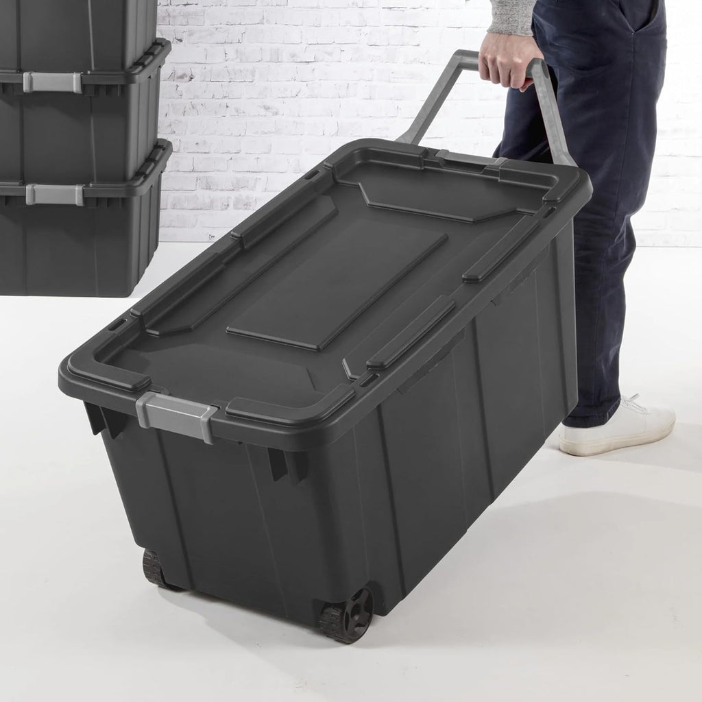 Rugged 40 Gallon Wheeled Industrial Tote by [Brand Name] - Durable Plastic Storage Bin with Latch Lid, Dark Gray