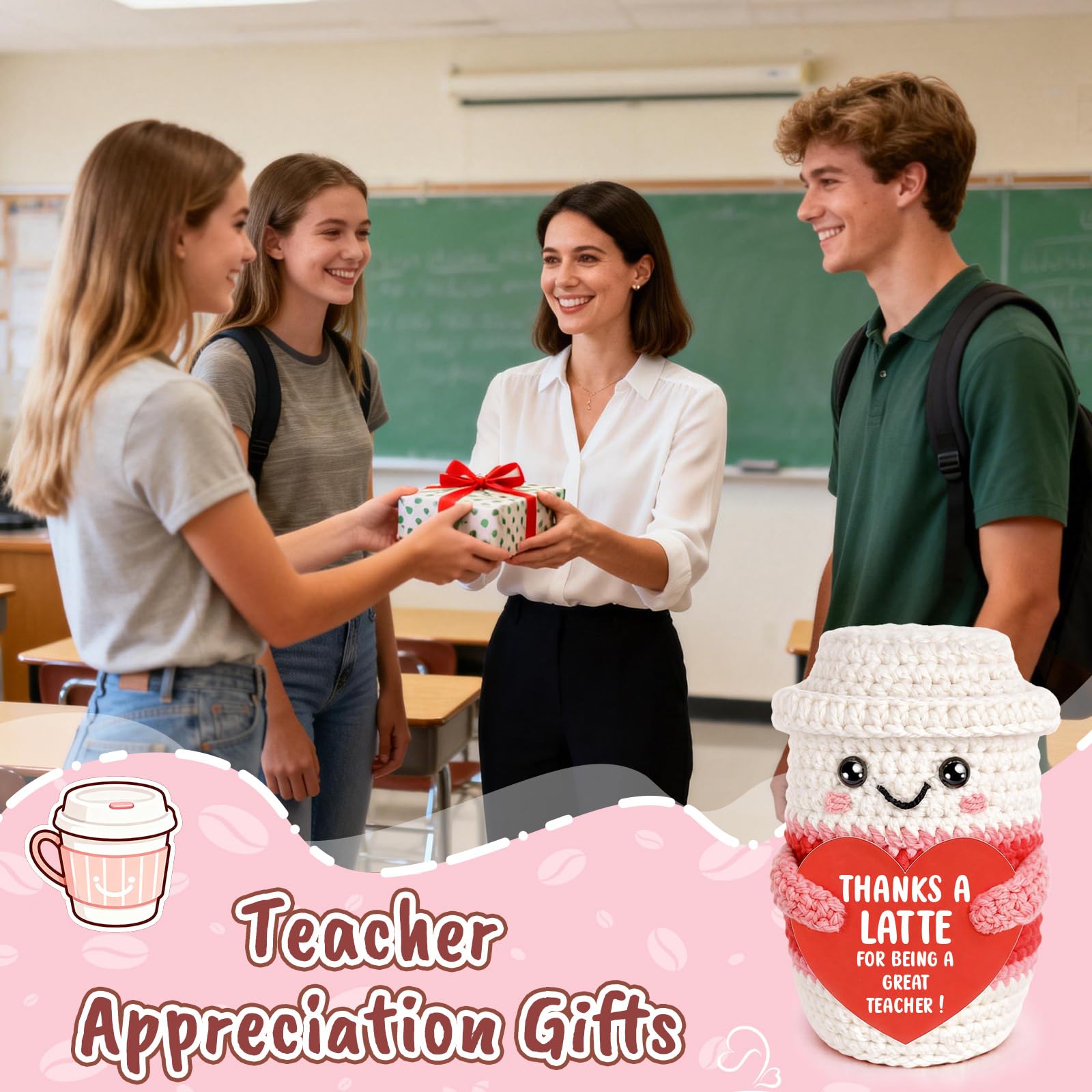 Weming Teacher Appreciation Gifts for Women Teachers, Handmade Crochet Latte Figure with “Thanks A Latte for Being a Great Teacher” Message Sign, End of Year Thank You & Retirement Gift from Students